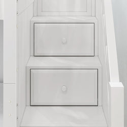 White staircase with integrated storage drawers, maximizing space efficiency.