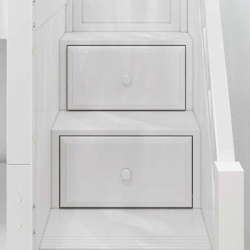 Modern white staircase with built-in storage drawers.