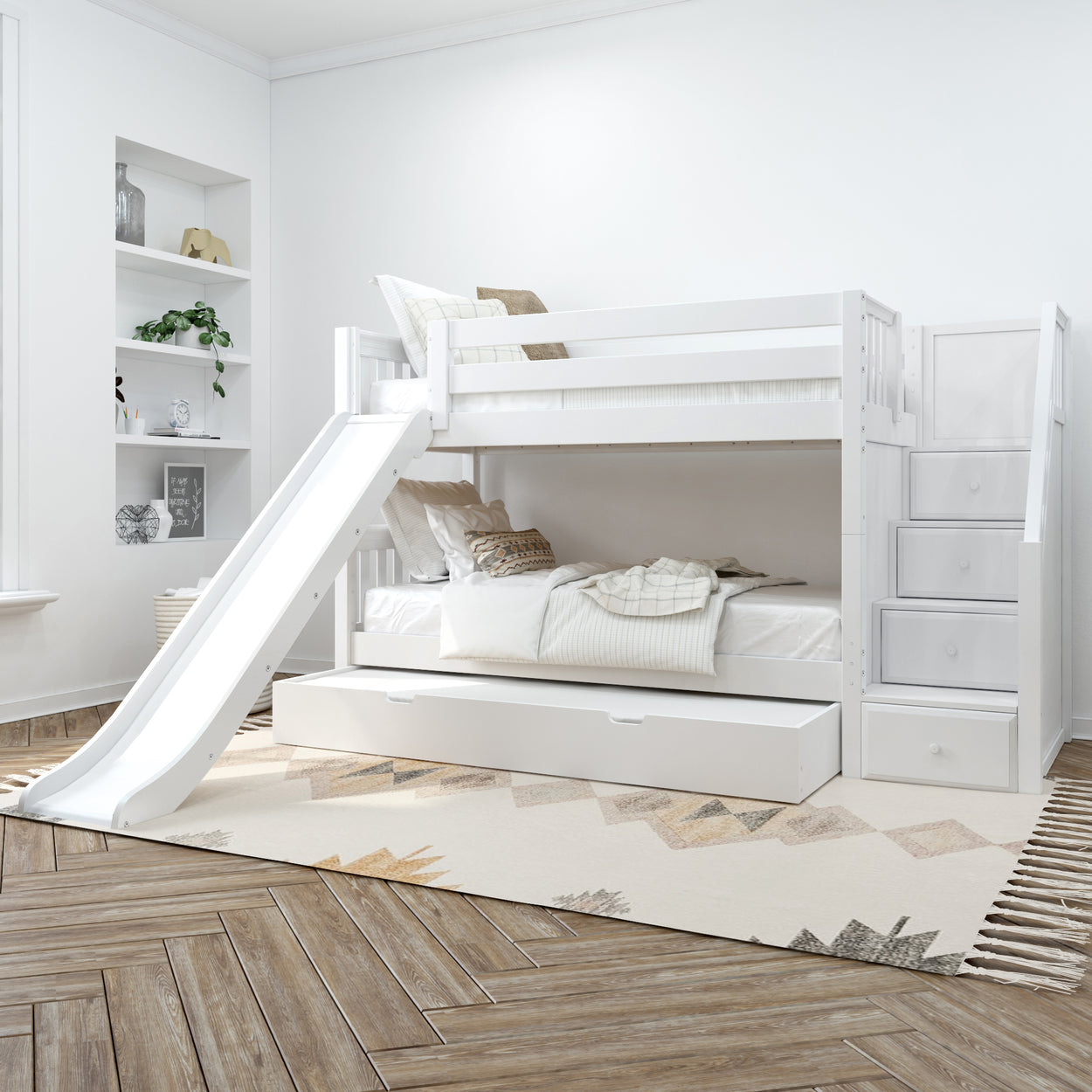 White children's bunk bed with slide and storage stairs in modern bedroom.