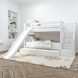 White children's bunk bed with slide and storage stairs in modern bedroom.