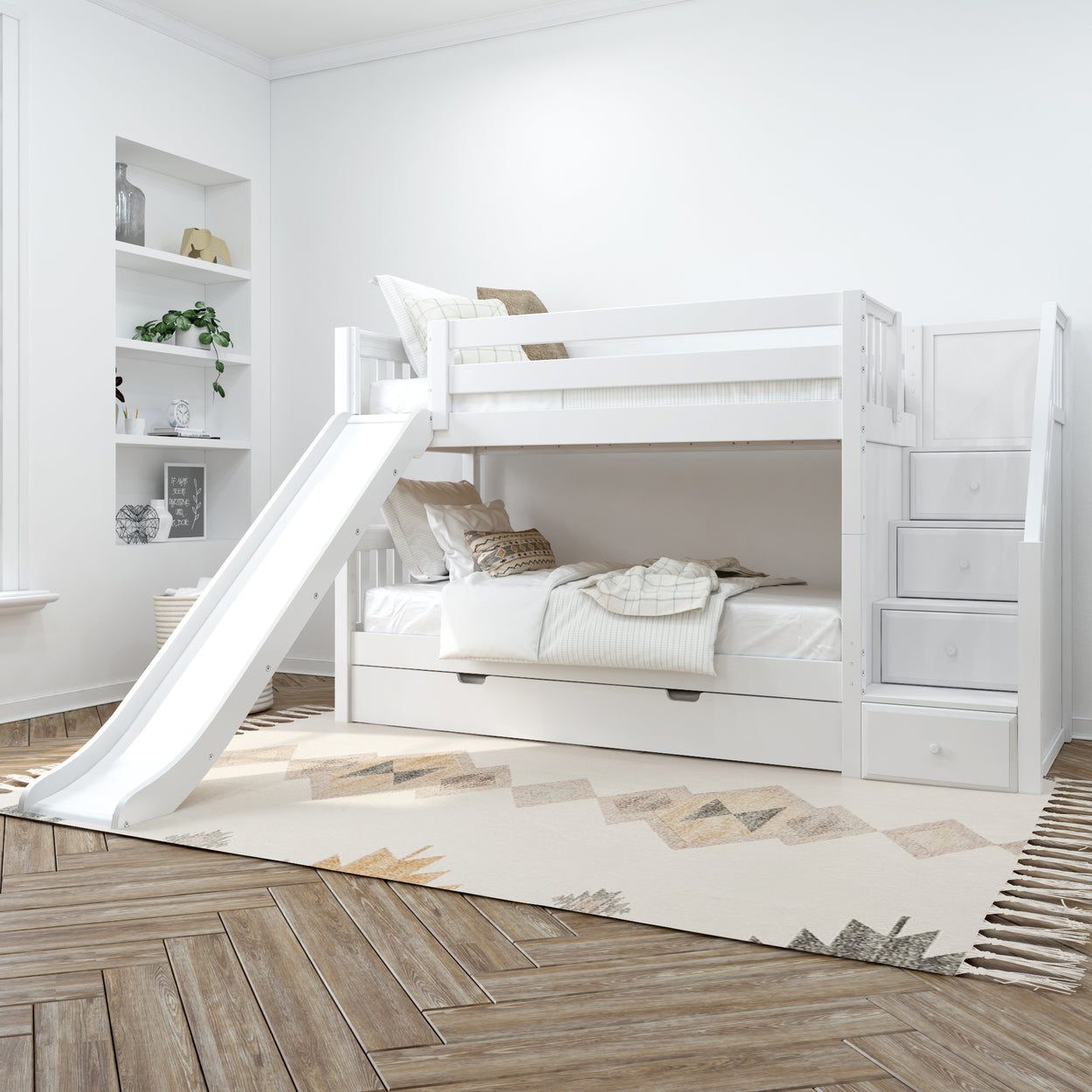White bunk bed with slide and staircase storage in modern children's bedroom.
