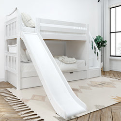 Children's white bunk bed with slide in modern bedroom setting.