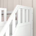 Close-up of white wooden baby crib rail and safety gate against beige paneled nursery wall, modern minimalist nursery décor