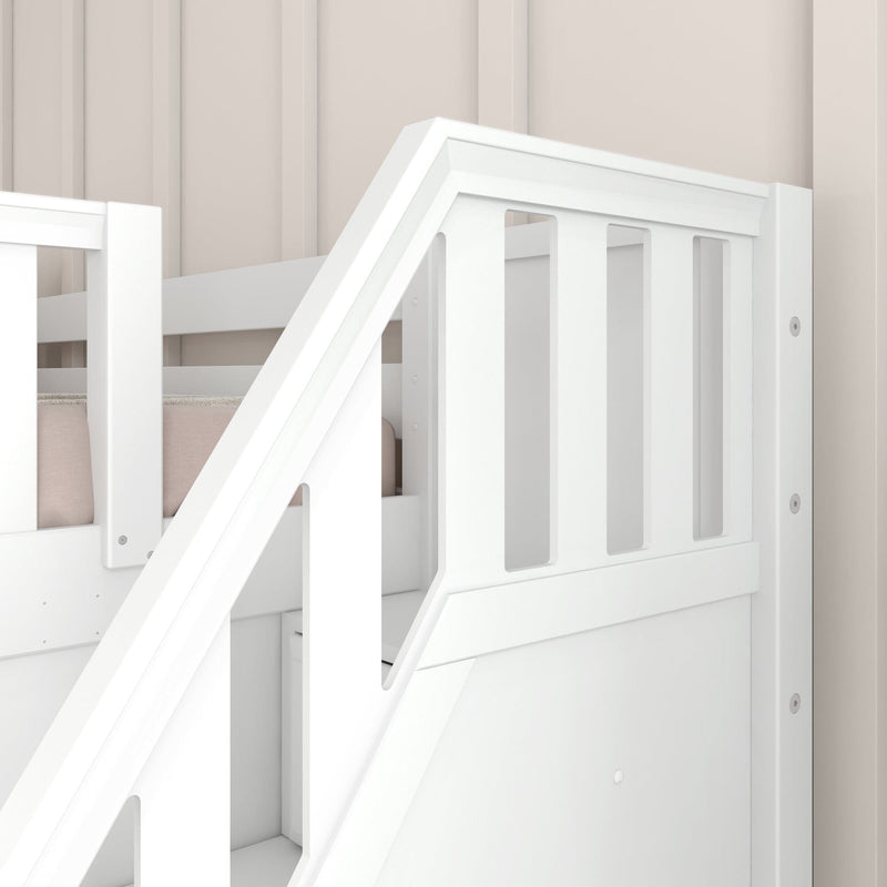 Close-up of white wooden baby crib rail and safety gate against beige paneled nursery wall, modern minimalist nursery décor