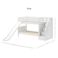 White twin loft bunk bed with slide and staircase storage drawers, solid wood frame and upper guardrail, space-saving kids' bunk bed, dimensions approx. 105.5" x 100.75" x 61.5
