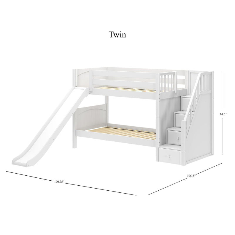 White twin loft bunk bed with slide and staircase storage drawers, solid wood frame and upper guardrail, space-saving kids' bunk bed, dimensions approx. 105.5" x 100.75" x 61.5