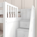 White wooden loft bunk bed with built-in storage stairs, safety rails and neutral beige nursery decor