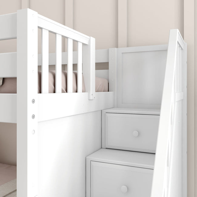 SNIGGLE WP : Play Bunk Beds Twin over Twin Low Bunk Bed with Storage Staircase Entry and Slide, Panel, White Finish, Panel, White