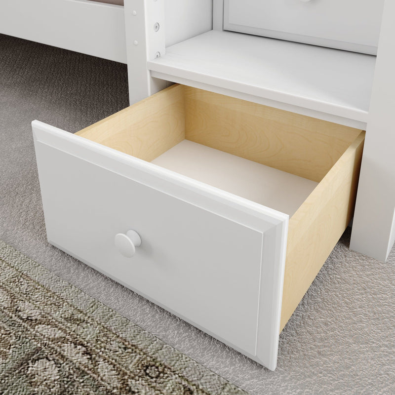 Open white dresser drawer with light wood interior and round knob on carpeted floor — bedroom storage drawer