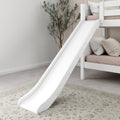 White kids loft bed with slide, neutral pink bedding and pillows in a modern space‑saving children's bedroom with potted plant
