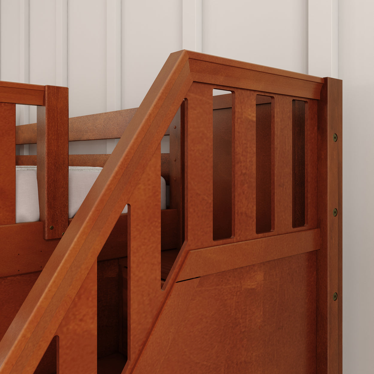 Wooden bunk bed detail showcasing craftsmanship and sturdy design for modern bedroom furniture.
