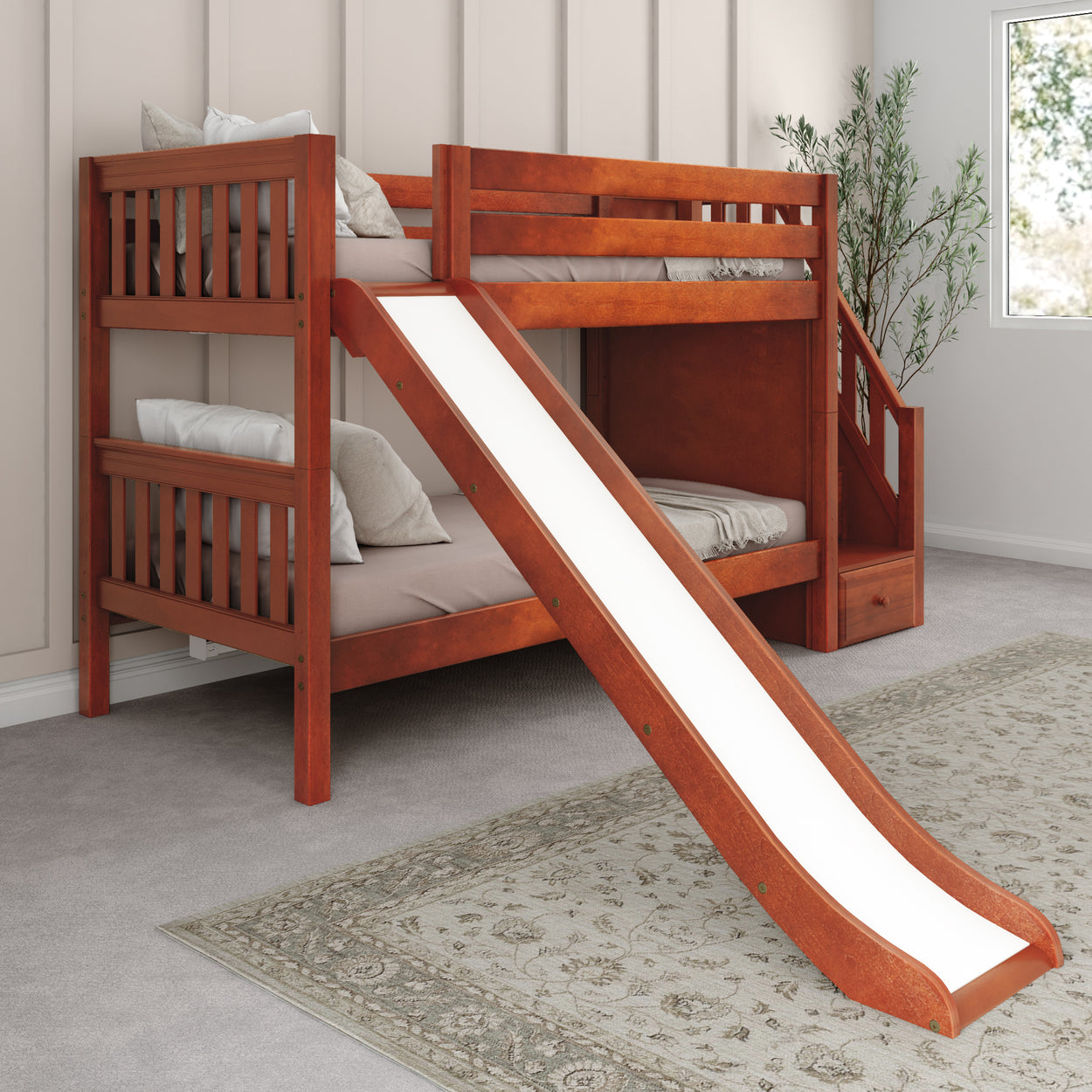 Wooden bunk bed with slide and stairs in a modern children's bedroom.