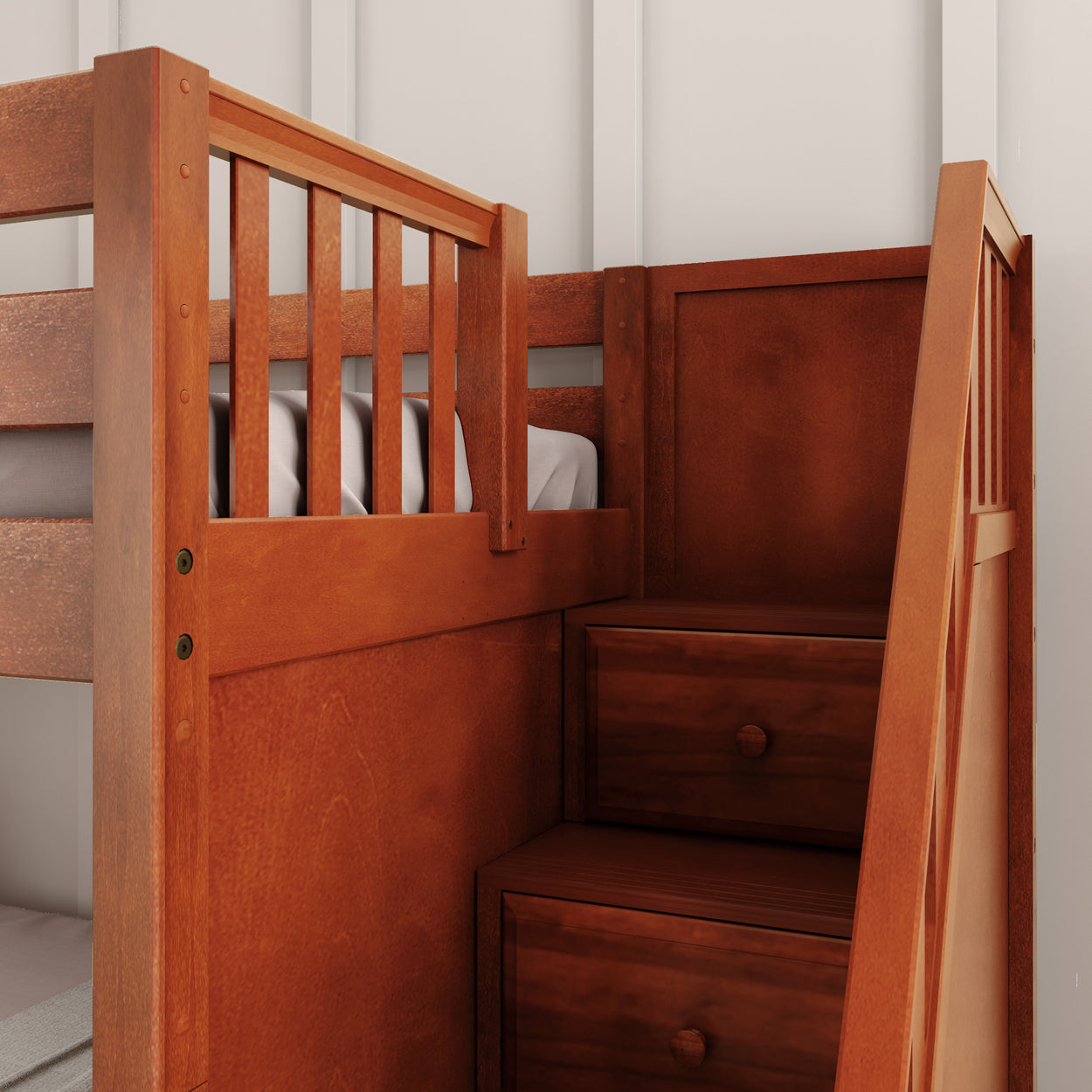 Wooden bunk bed with staircase storage drawers in modern bedroom.