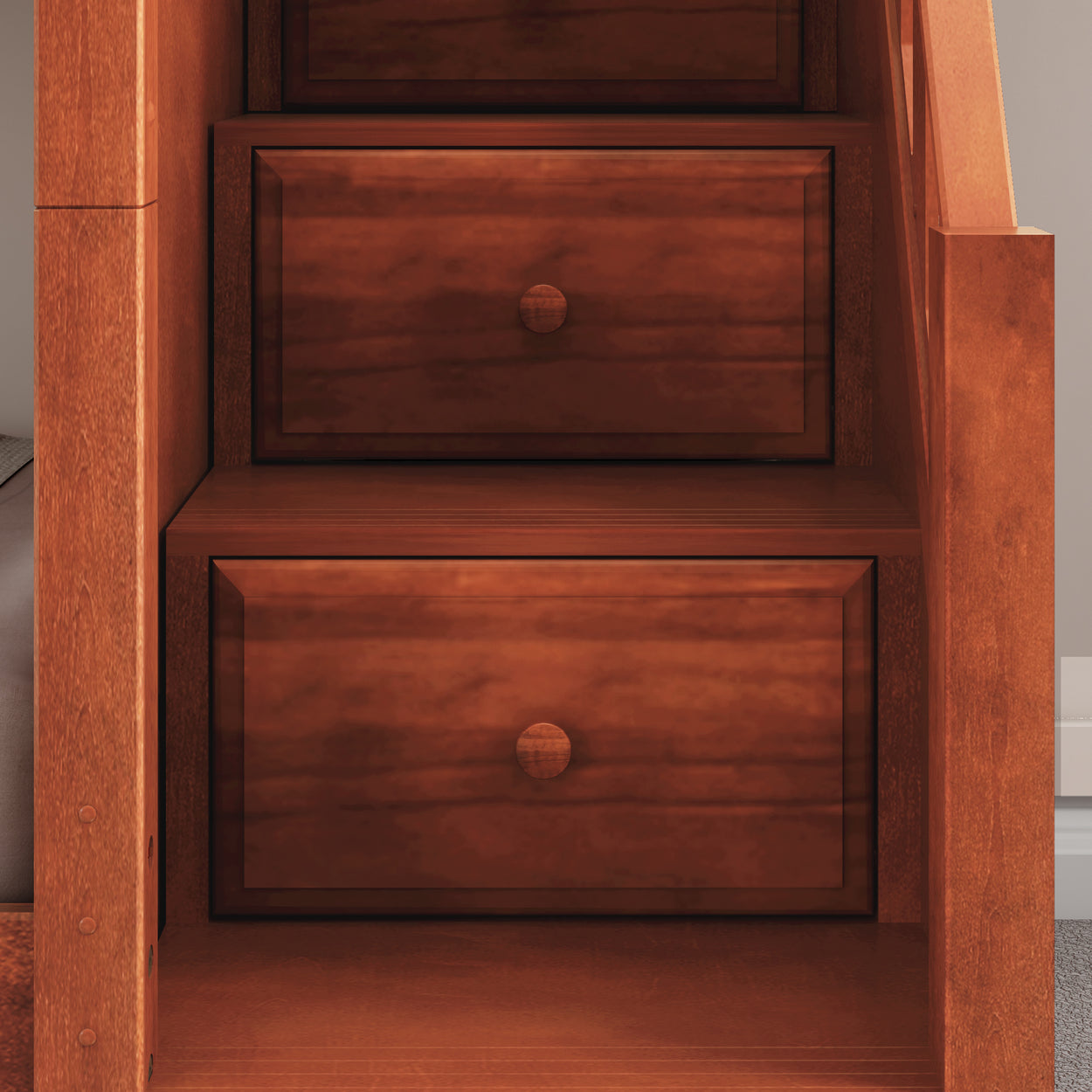 Wooden staircase drawers for storage hidden in steps.