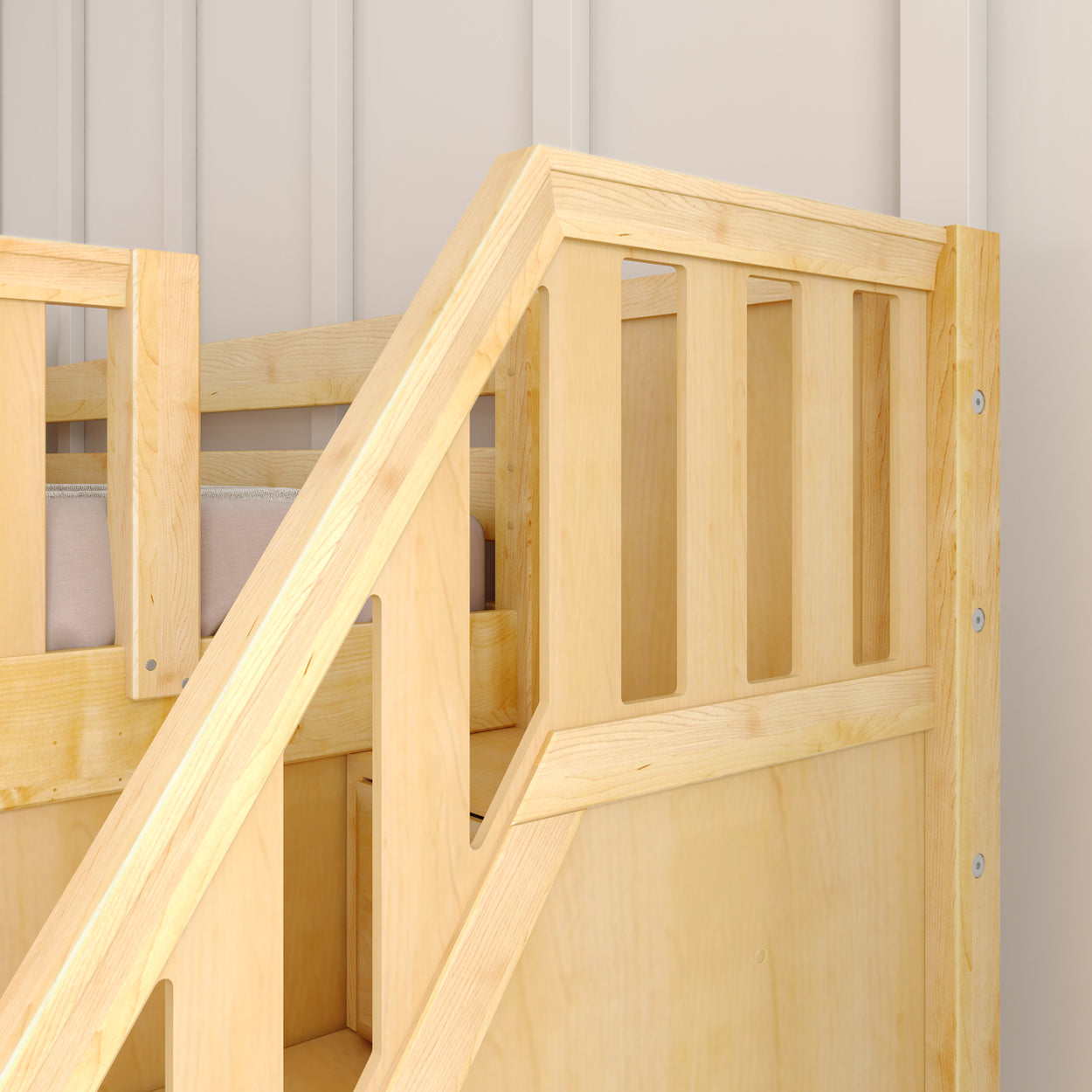 Wooden bunk bed ladder with natural finish and safety guardrails in a modern bedroom.