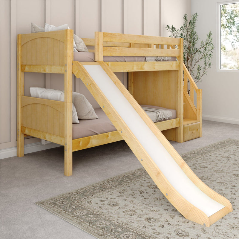 Natural pine kids loft bunk bed with slide and storage stairs in neutral modern farmhouse bedroom