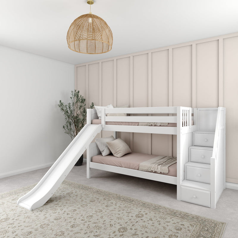 White wooden bunk bed with slide in neutral kids bedroom, beige linens, board-and-batten accent wall and rattan pendant light