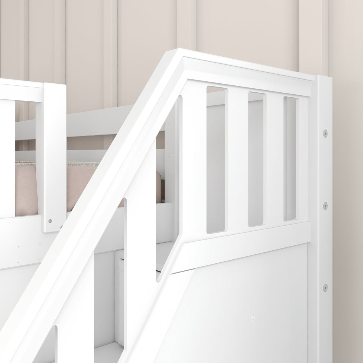 White wooden staircase railing in modern home interior design.