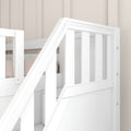 Close-up of white wooden crib railing with vertical slats against a beige paneled nursery wall, modern baby-crib safety guard