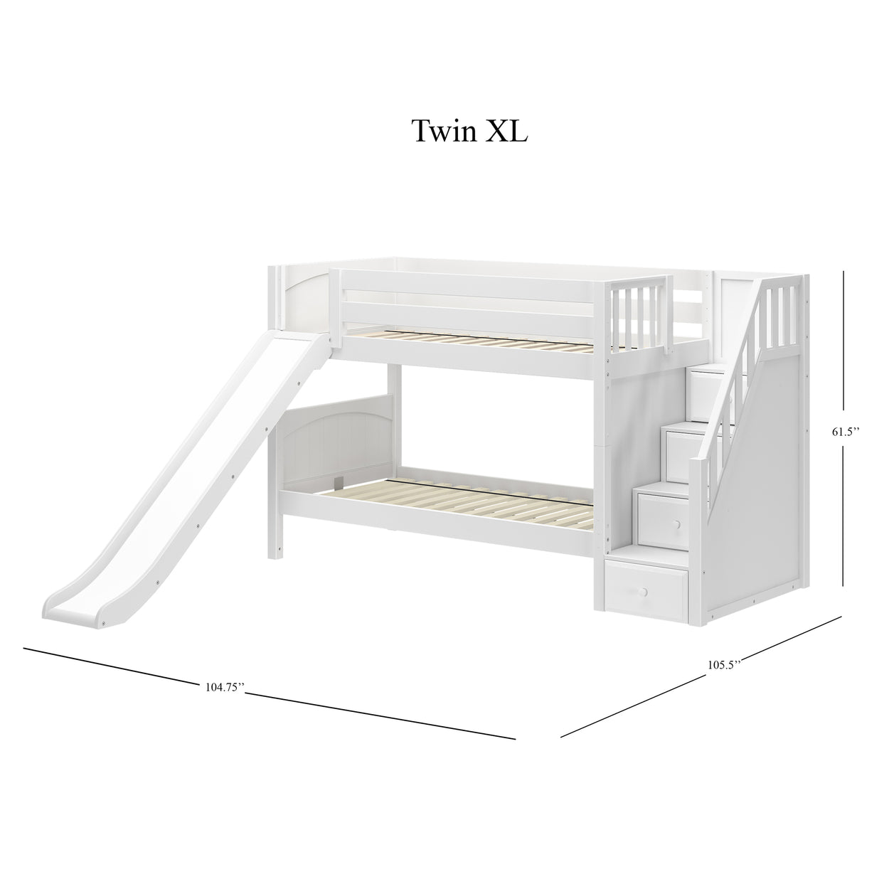 White twin XL bunk bed with slide, stairs, and drawers, dimensions 104.75" length, 61.5" height, and 105.5" width.