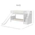 White Twin XL loft bunk bed with slide and built-in storage stairs, wooden twin-over-twin space-saving kids bed for small bedrooms