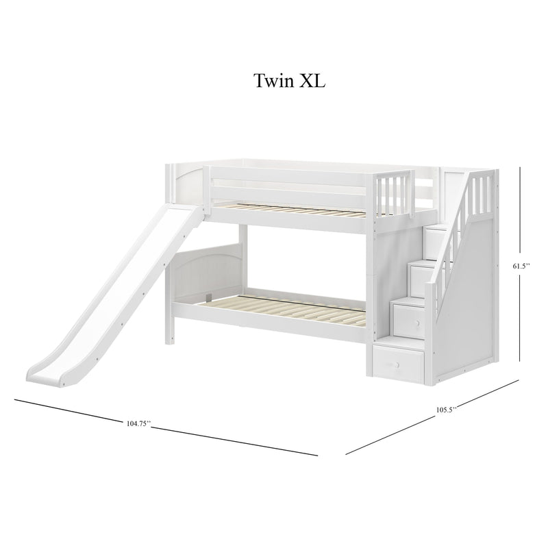White Twin XL loft bunk bed with slide and built-in storage stairs, wooden twin-over-twin space-saving kids bed for small bedrooms
