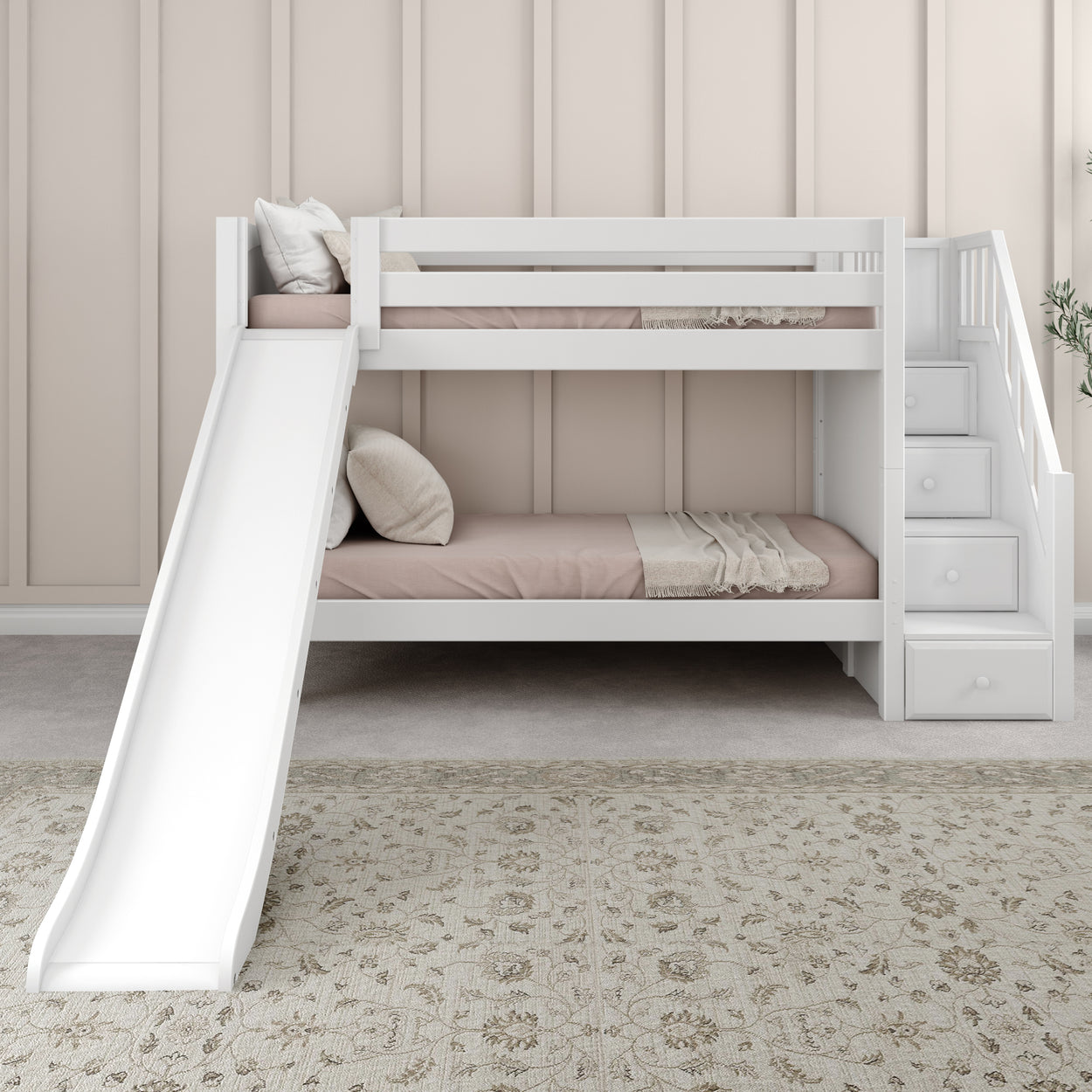 White bunk bed with slide and staircase featuring storage drawers, set against a beige wall and floral-patterned rug for a stylish kids' bedroom.