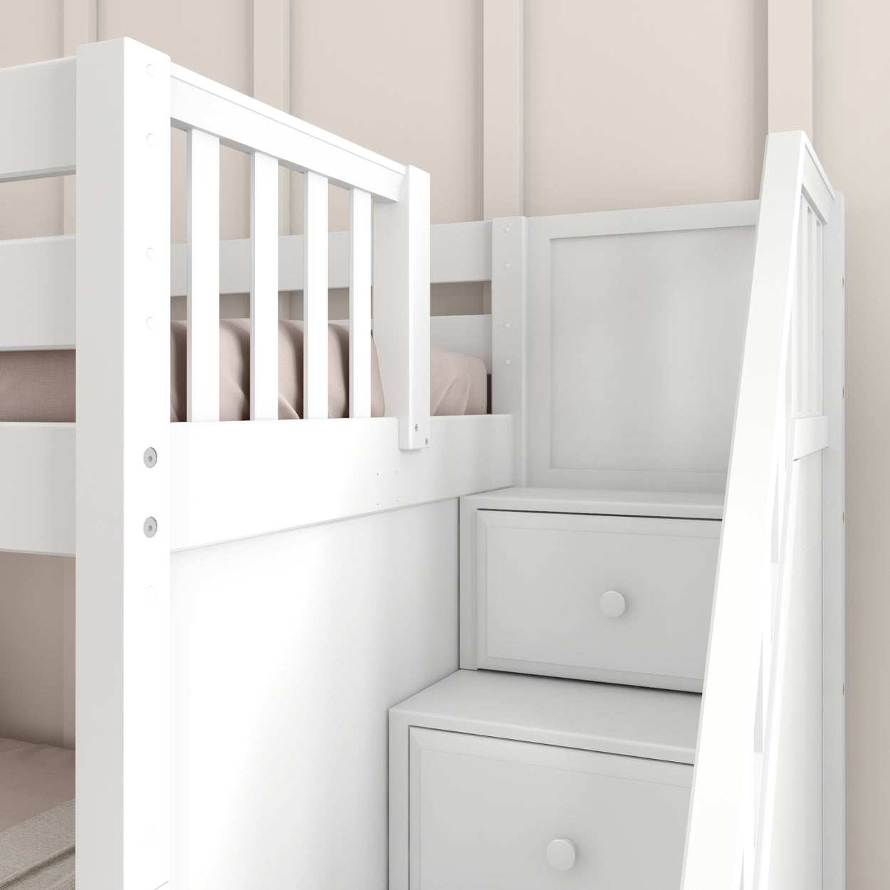 White wooden bunk bed with built-in storage drawers and a ladder staircase in modern bedroom.