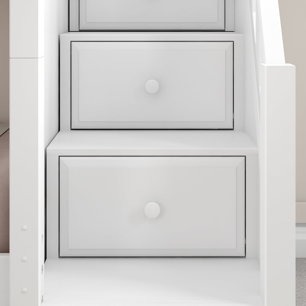 White wooden staircase with built-in storage drawers for efficient space utilization in modern interiors.