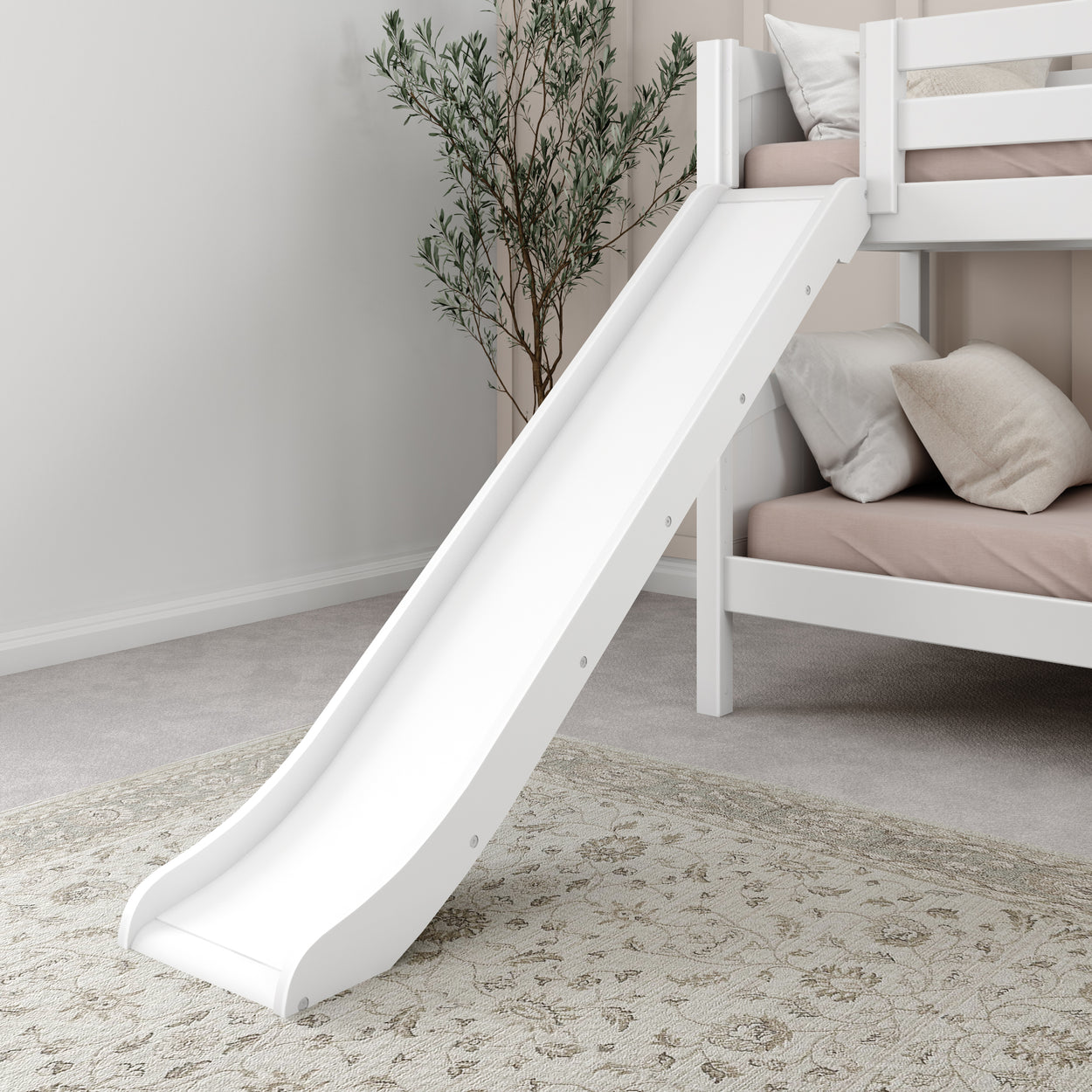 White bunk bed with slide and neutral bedding in carpeted bedroom.
