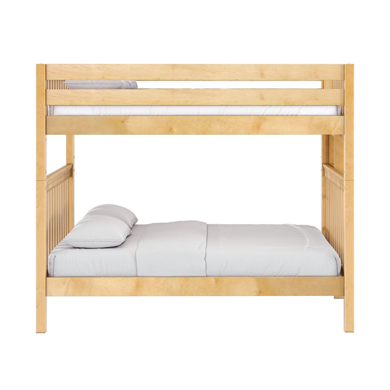 Natural maple twin-over-full solid wood bunk bed with white bedding and slatted guardrail, space-saving loft-style bedroom furniture