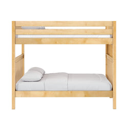 Natural maple twin-over-full solid wood bunk bed with white bedding and slatted guardrail, space-saving loft-style bedroom furniture