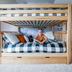 Child sitting on a stylish wooden bunk bed with a world map mural backdrop and decorative pillows.