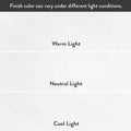 Finish color comparison showing paint appearance under warm, neutral, and cool light to illustrate color variation under different lighting conditions.