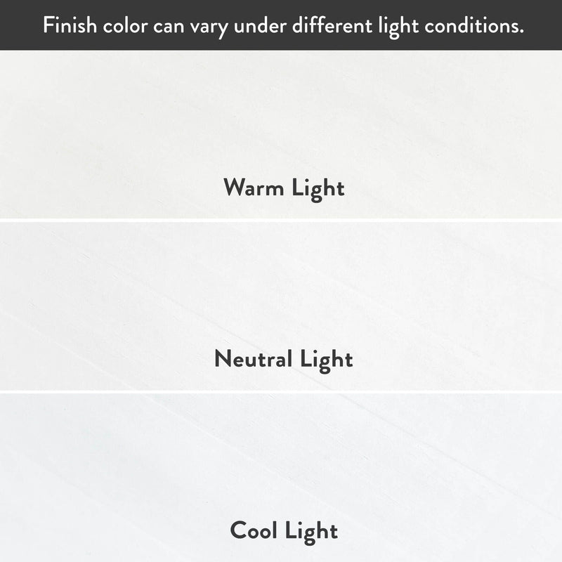 Finish color comparison showing paint appearance under warm, neutral, and cool light to illustrate color variation under different lighting conditions.