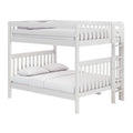 White wooden bunk bed with ladder and slatted guardrails, mattress and pillows, modern kids' bedroom furniture