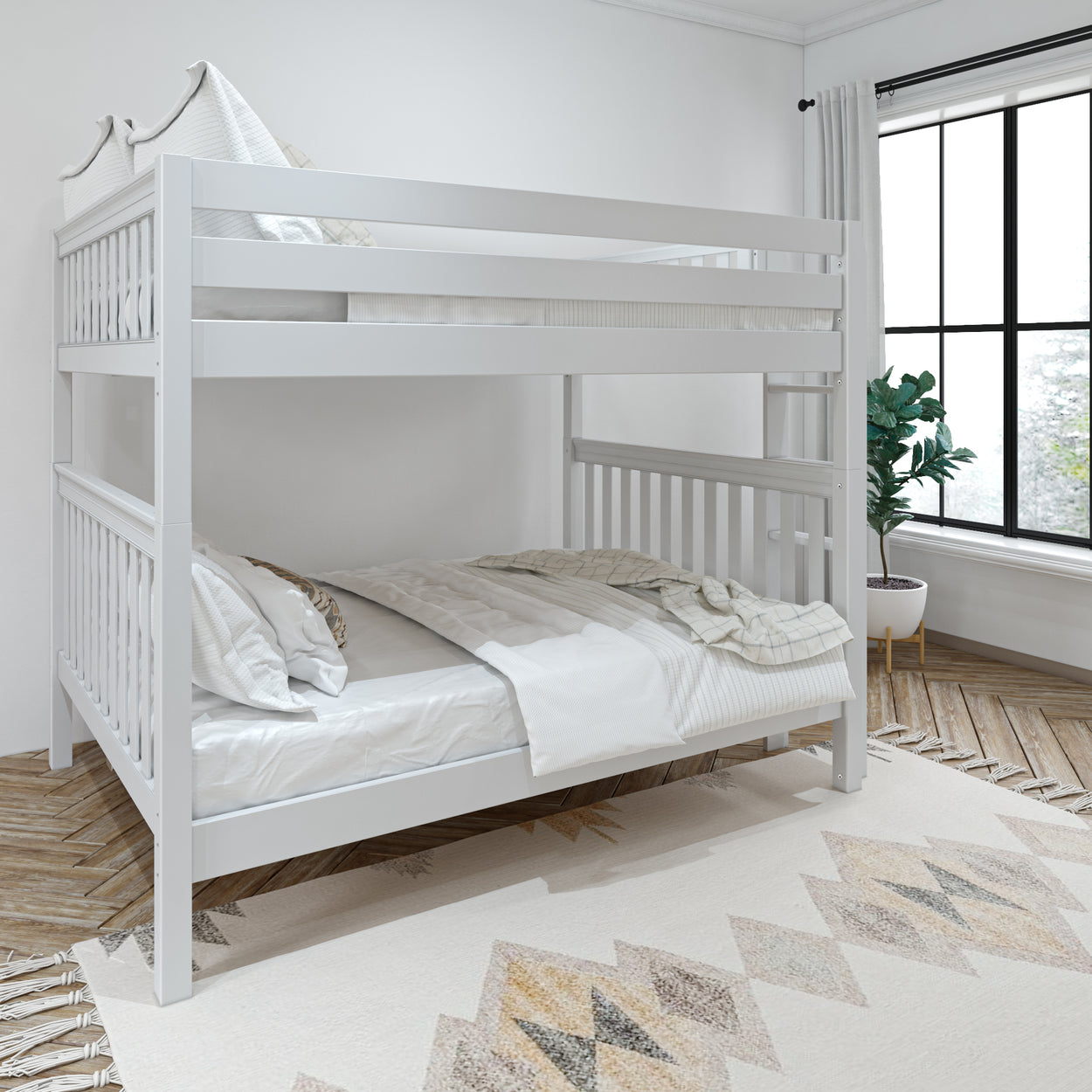 White wooden bunk bed in a modern bedroom with natural light and a geometric rug.