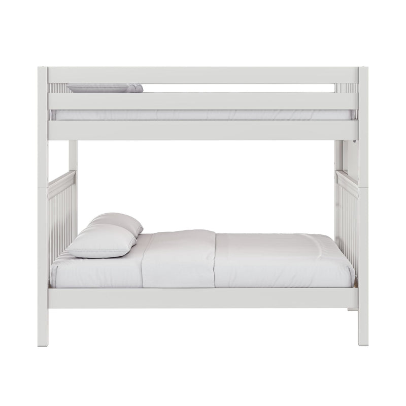 White wooden twin-over-full bunk bed with safety guardrails, slatted headboard and white bedding, modern kids' bedroom furniture