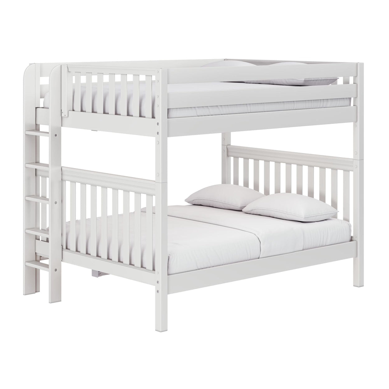 White wooden twin-over-full bunk bed with ladder and safety guardrails, modern kids bedroom furniture with mattress and pillows