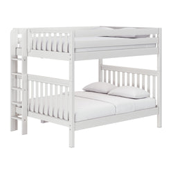 White wooden twin-over-full bunk bed with ladder and safety guardrails, modern kids bedroom furniture with mattress and pillows