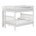 White wooden twin-over-full bunk bed with ladder and safety guardrails, modern kids bedroom furniture with mattress and pillows