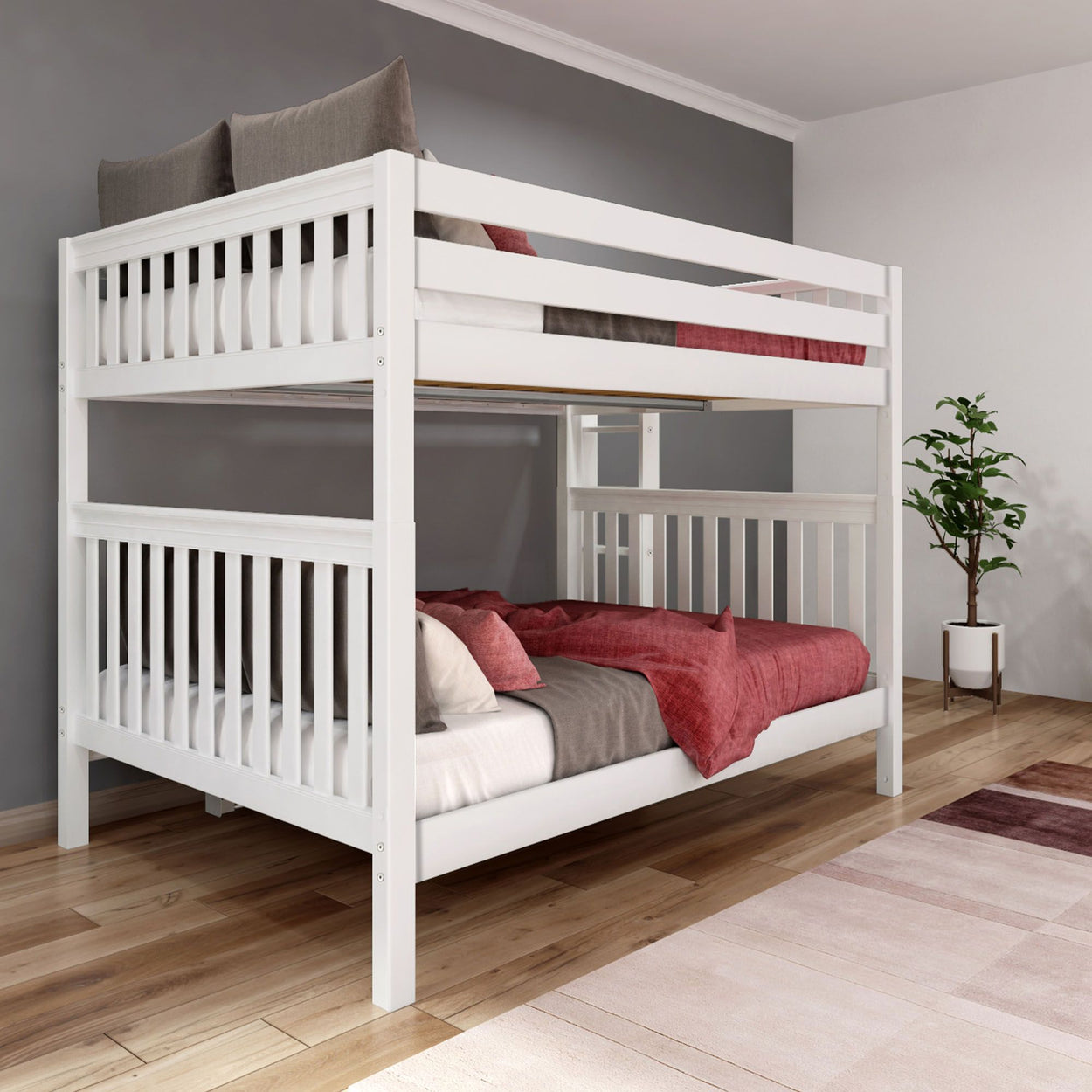White wooden bunk bed with red and gray bedding in modern bedroom.