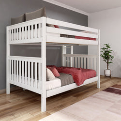 White wooden bunk bed with red and gray bedding in modern bedroom.