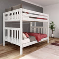 White wooden bunk bed with red bedding and gray pillows in a modern kids' bedroom with hardwood floors and potted plant