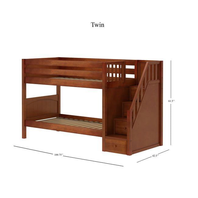 STACKER CP : Staircase Bunk Beds Twin over Twin Low Bunk Bed with Storage Staircase Entry, Panel, Chestnut Finish, Panel, Chestnut