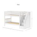 White twin-over-twin wooden bunk bed with staircase and built-in storage drawers, guardrails and slatted mattress platforms, modern kids loft bed, 100.75 in L x 42.5 in W x 61.5 in H