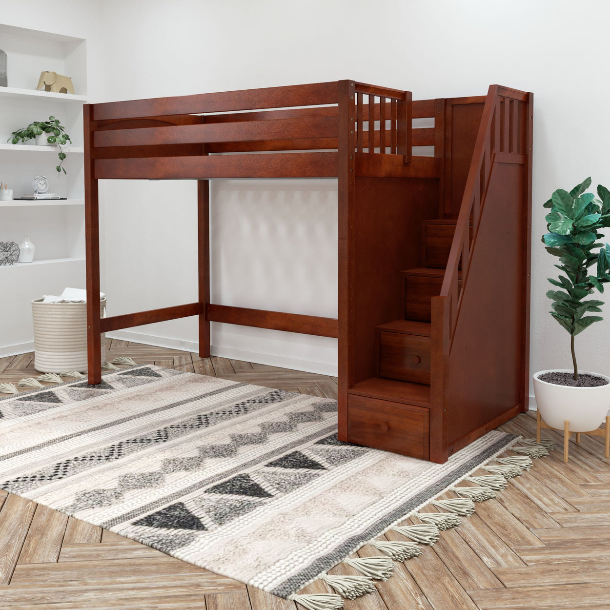 Wooden loft bed with stairs in modern bedroom setting with decorative plants and chevron patterned rug.