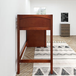 Wooden loft bed in modern bedroom interior with chevron patterned floor and chest of drawers.