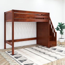 Wooden loft bed with stairs and storage in modern minimalist bedroom.