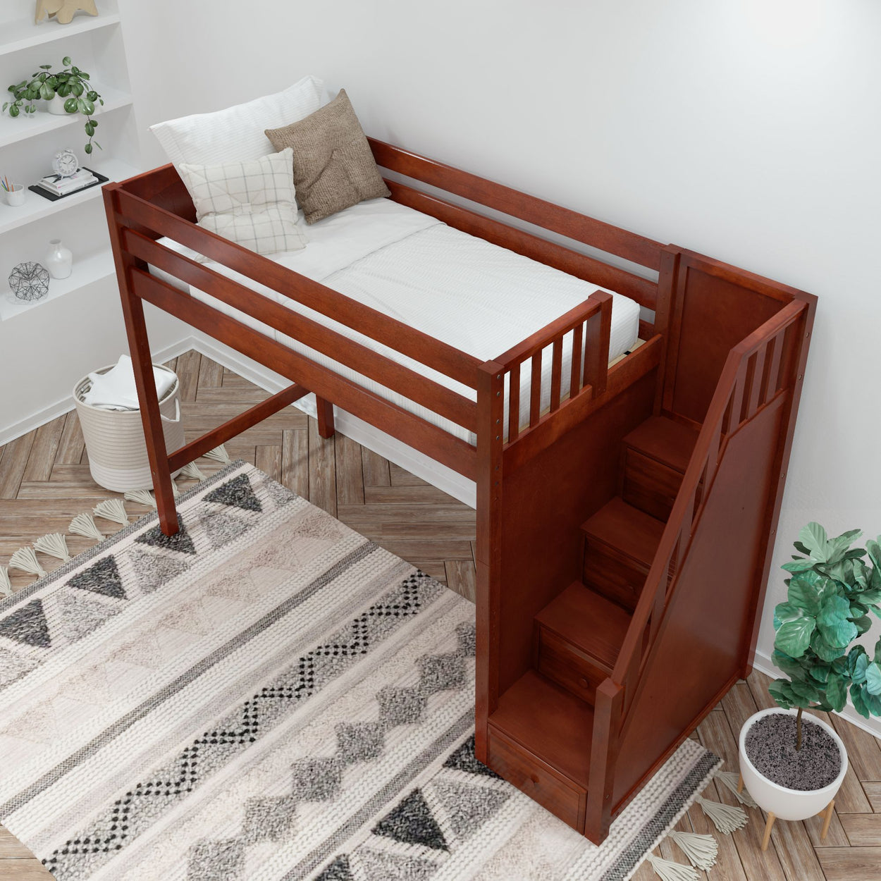 Kids loft bed with stairs and storage, in a modern bedroom with decorative rug and plant.